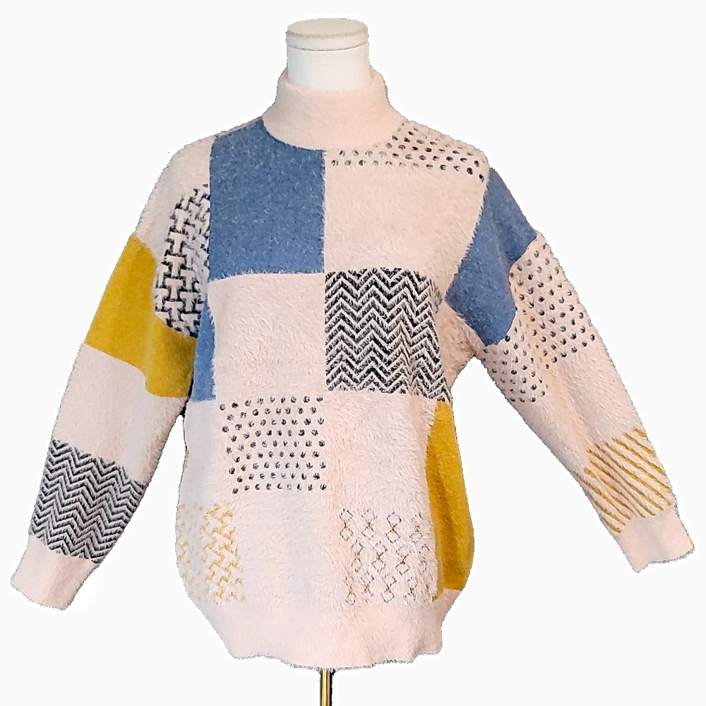 Love in Colorful Patchwork Turtleneck Sweater‎ Cozy Viscose Acrylic